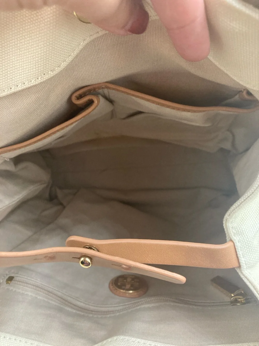 Tory Burch Blue, White and Tan Canvas Tote with Leather Trim